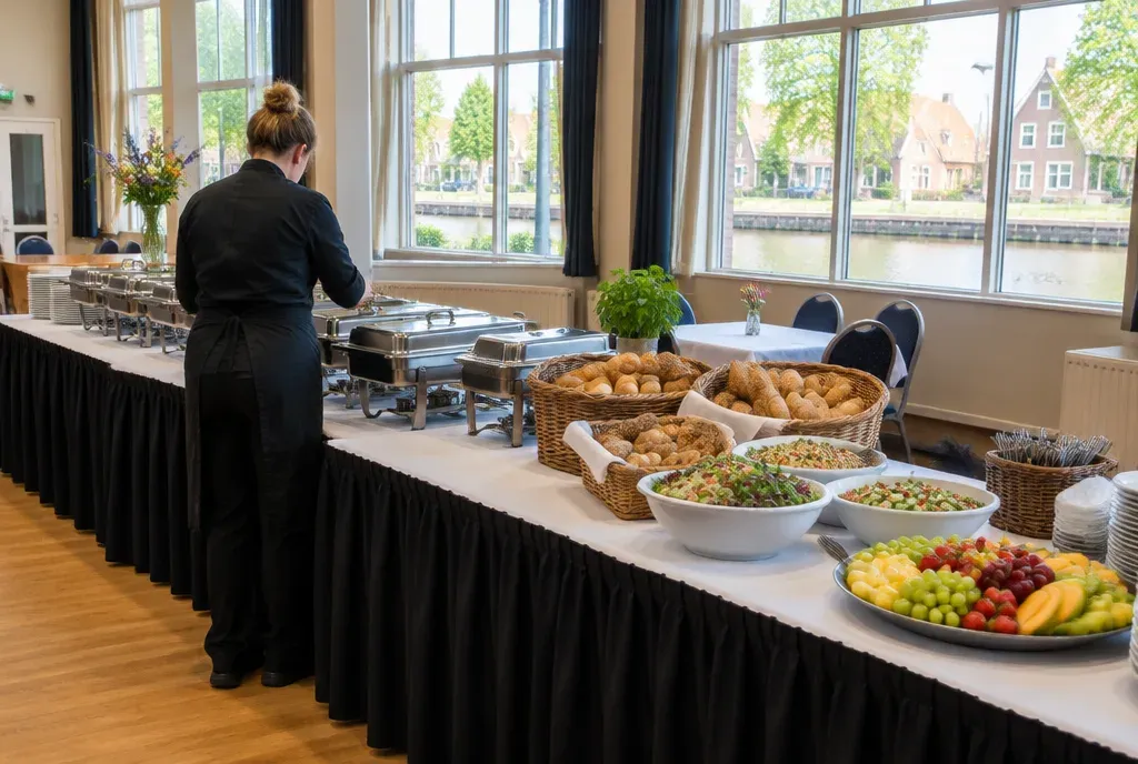 Een cateraar zet schalen met eten klaar op een lange tafel in een zaal.