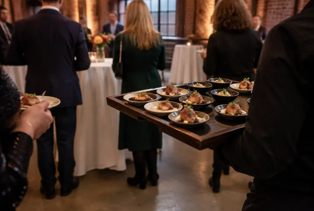 Kleine gerechtjes op borden en statafels tijdens een walking dinner in een feestzaal.