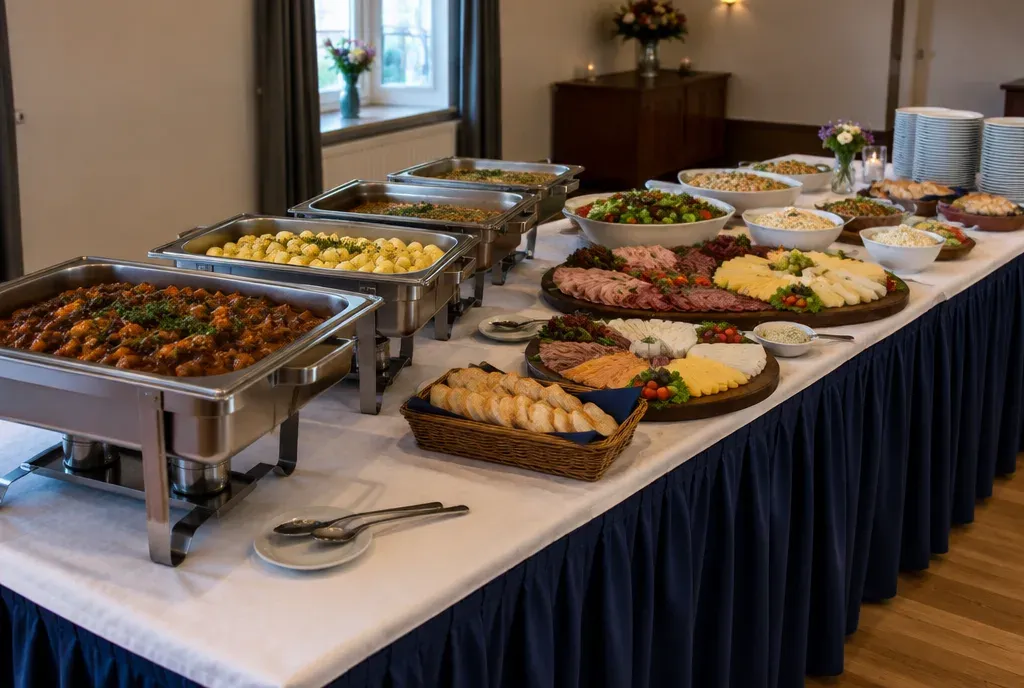 Een warm en koud buffet met schalen vlees, salades en stokbrood in een feestzaal.