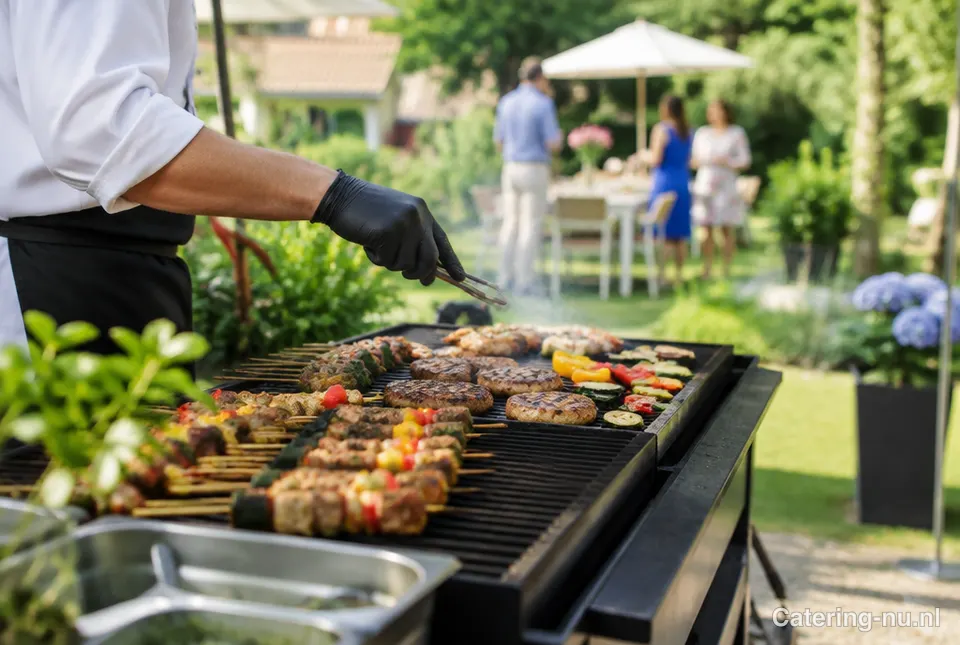 Kok grilt vlees en groenten op een grote bbq