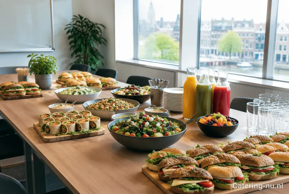 Lunchbuffet met broodjes en salades op kantoor